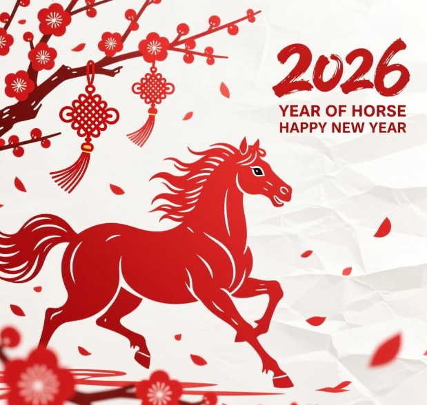 Frohes Jahr 2026 des Pferdes